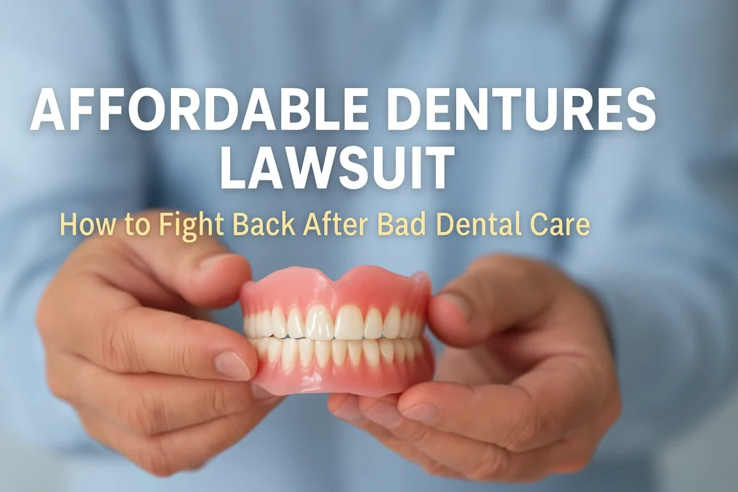 Person holding dentures with legal title overlay about Affordable Dentures lawsuit