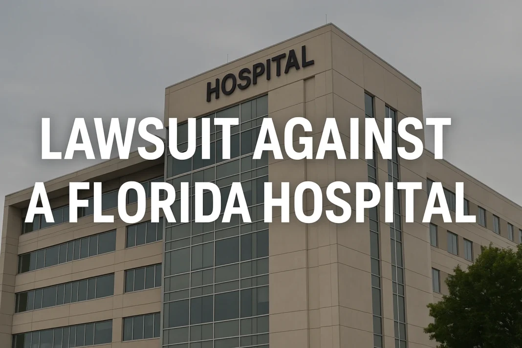 Hospital building with bold text "Lawsuit Against a Florida Hospital" overlay