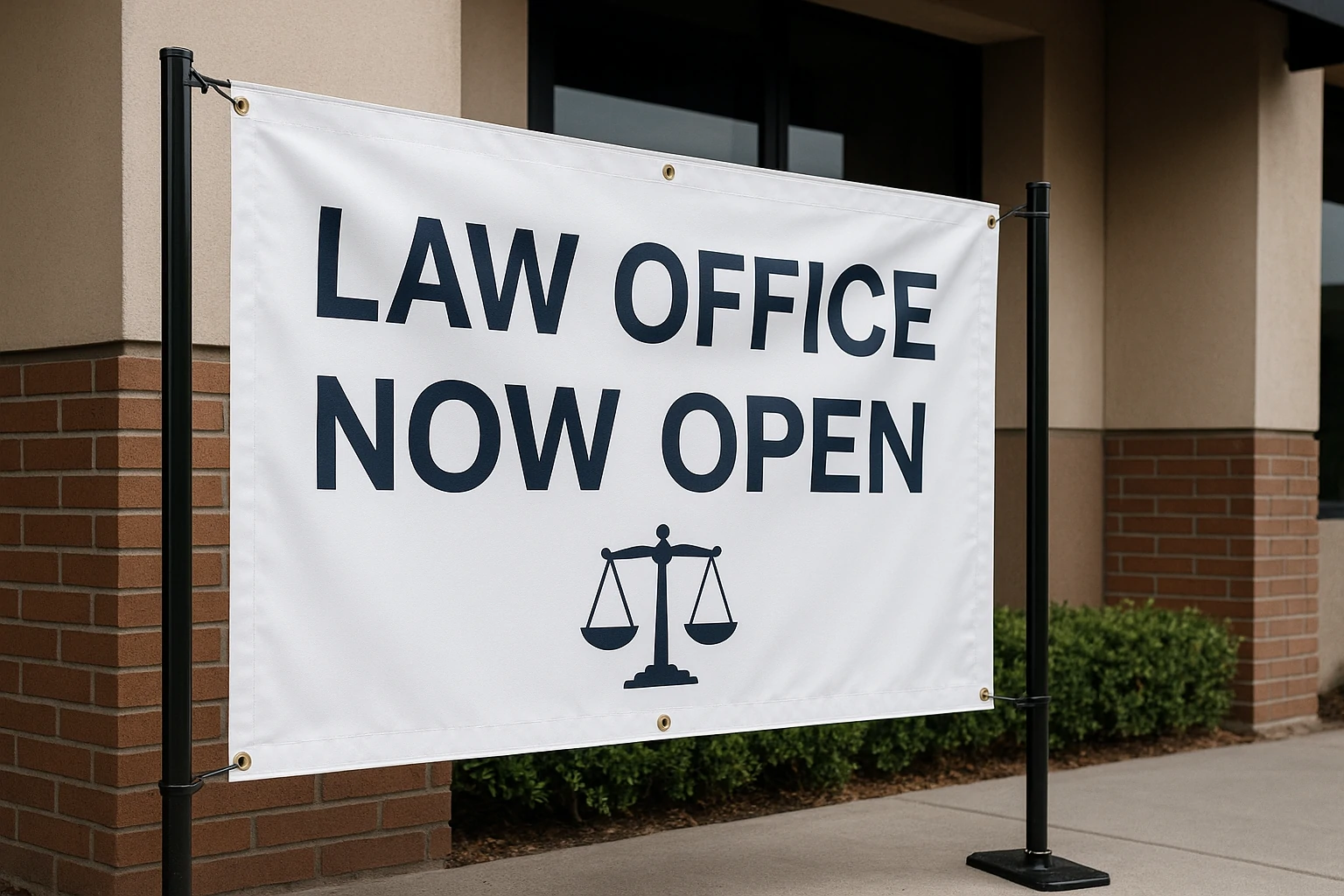 Temporary law office sign with compliance notice outside an attorney building in Vista, California.