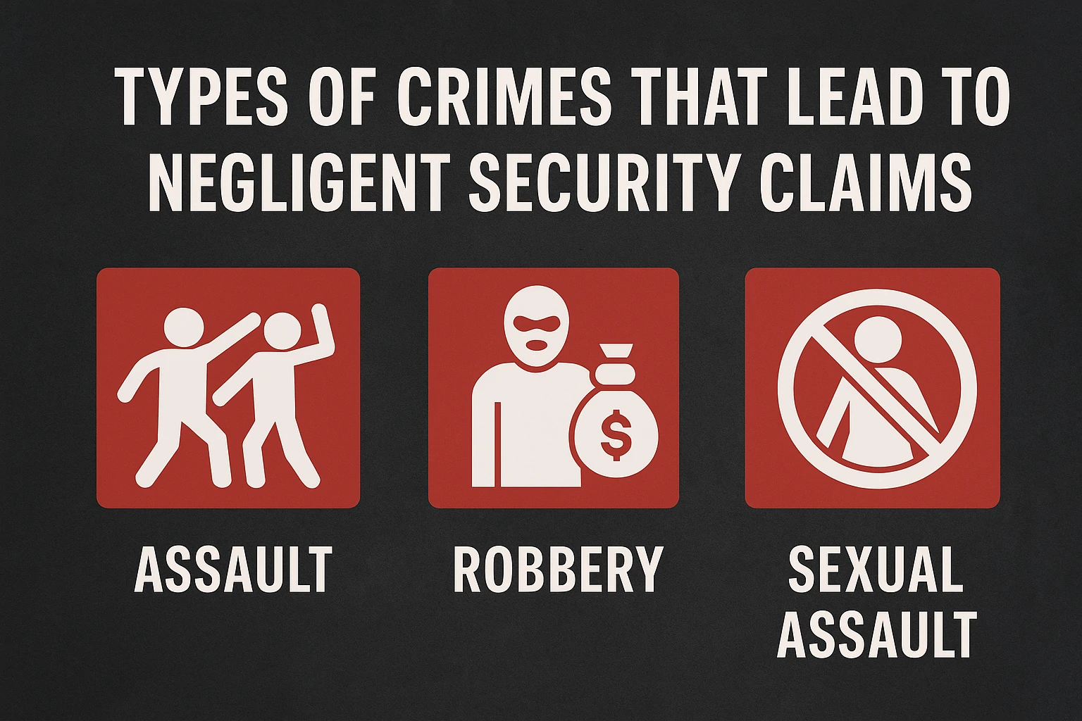 Icons showing assault, robbery, and sexual assault as types of crimes that lead to negligent security claims
