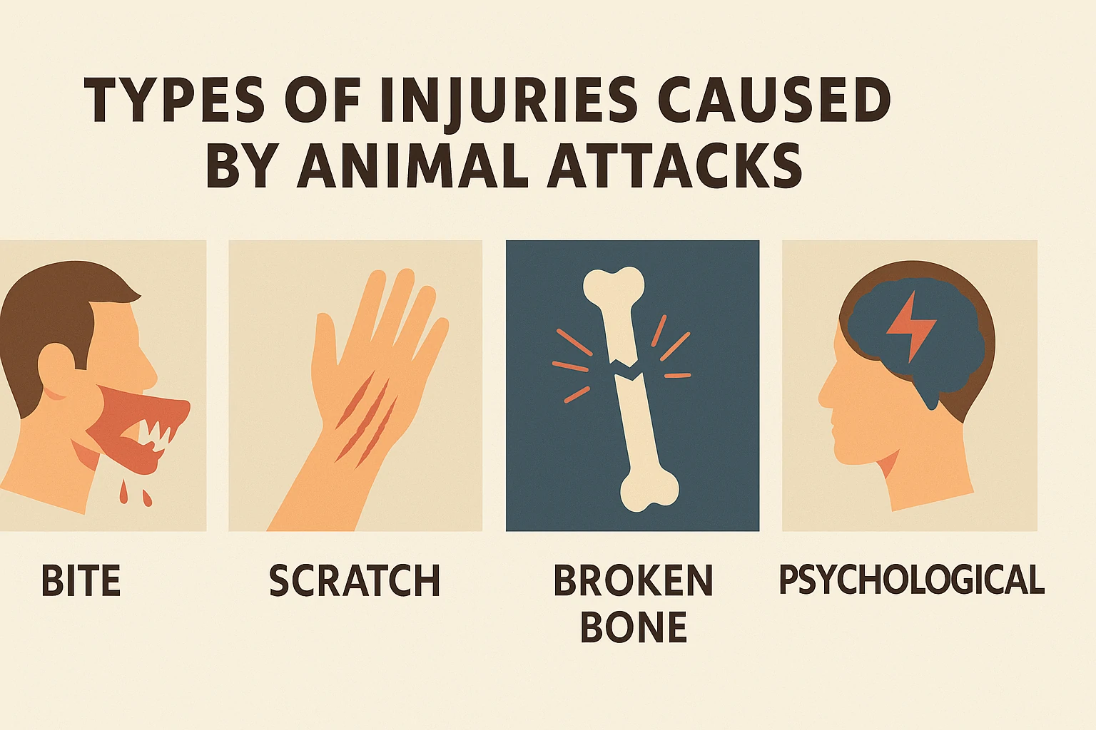 Infographic showing bite, scratch, broken bone, and psychological injury