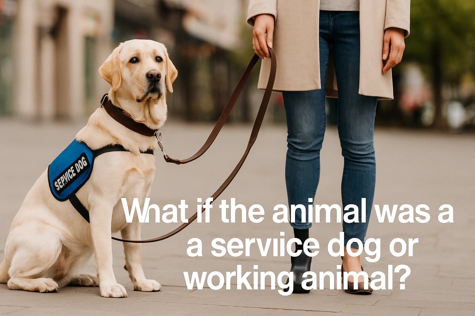 Image of a yellow service dog in a harness with legal symbols in the background