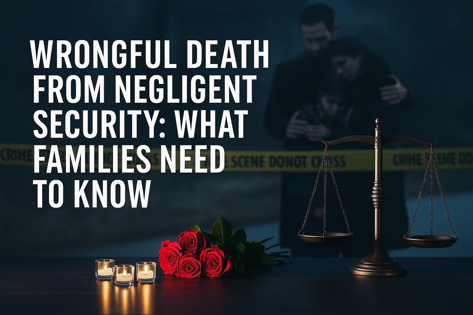 Visual depiction of a grieving family and courthouse, representing wrongful death caused by negligent security.