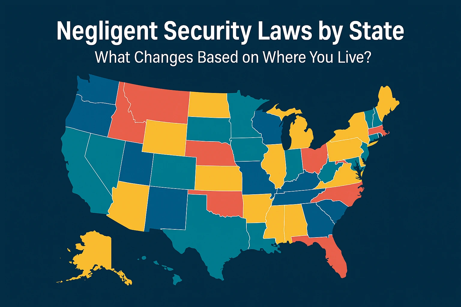 Map-style infographic showing different negligent security laws by state with color-coded variations.