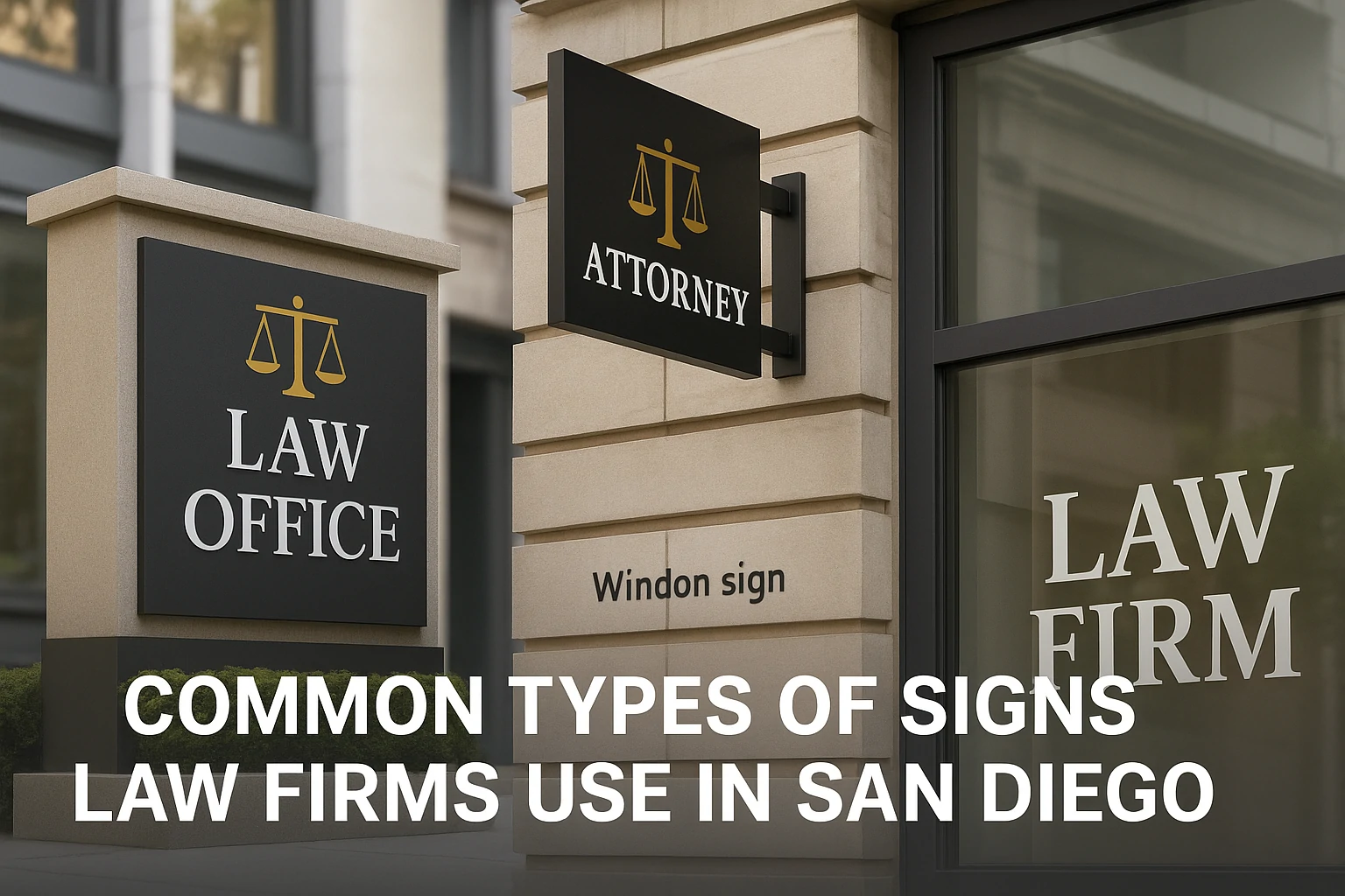 Freestanding, wall-mounted, and window law office signs displayed on various San Diego buildings