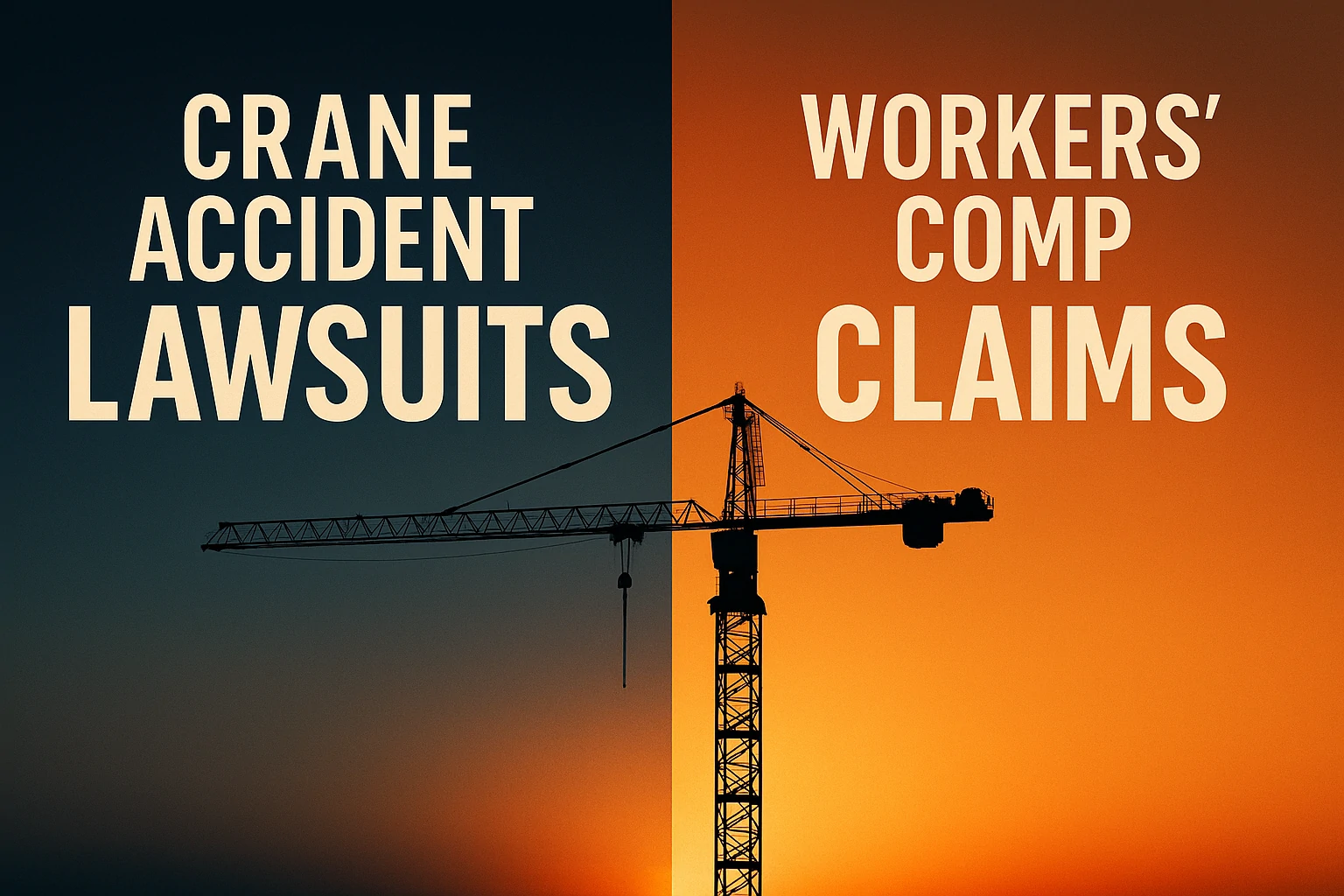 Split-screen graphic showing crane accident lawsuits versus workers’ comp claims with a crane silhouette in the center.