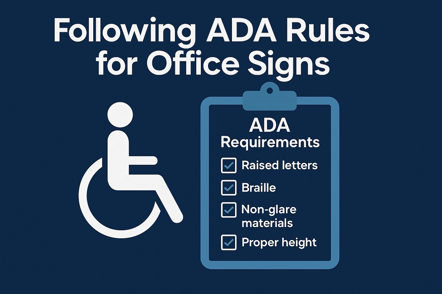Illustration showing ADA rules for law office signs with a wheelchair symbol and checklist