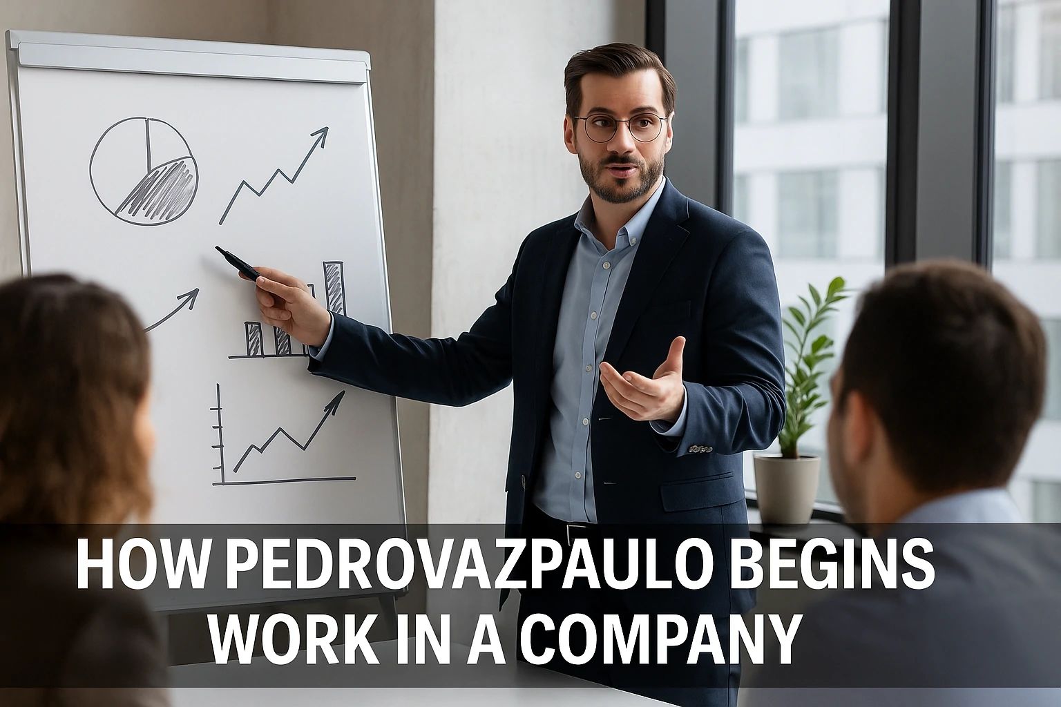 Business consultant presenting charts on a flip board to a small team, explaining how Pedrovazpaulo begins work in a company.