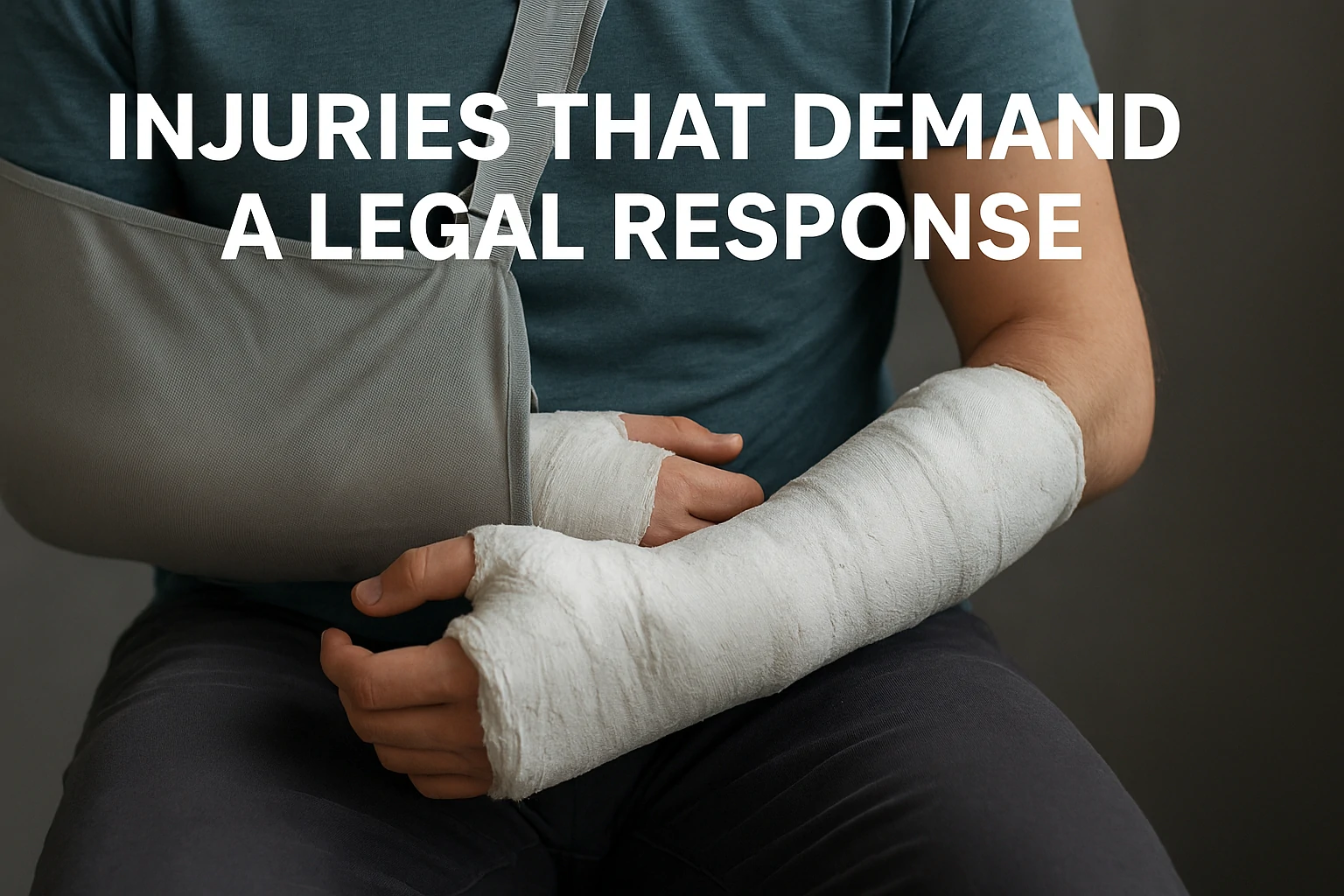 Close-up of a person’s arm in a cast and sling after a serious injury.