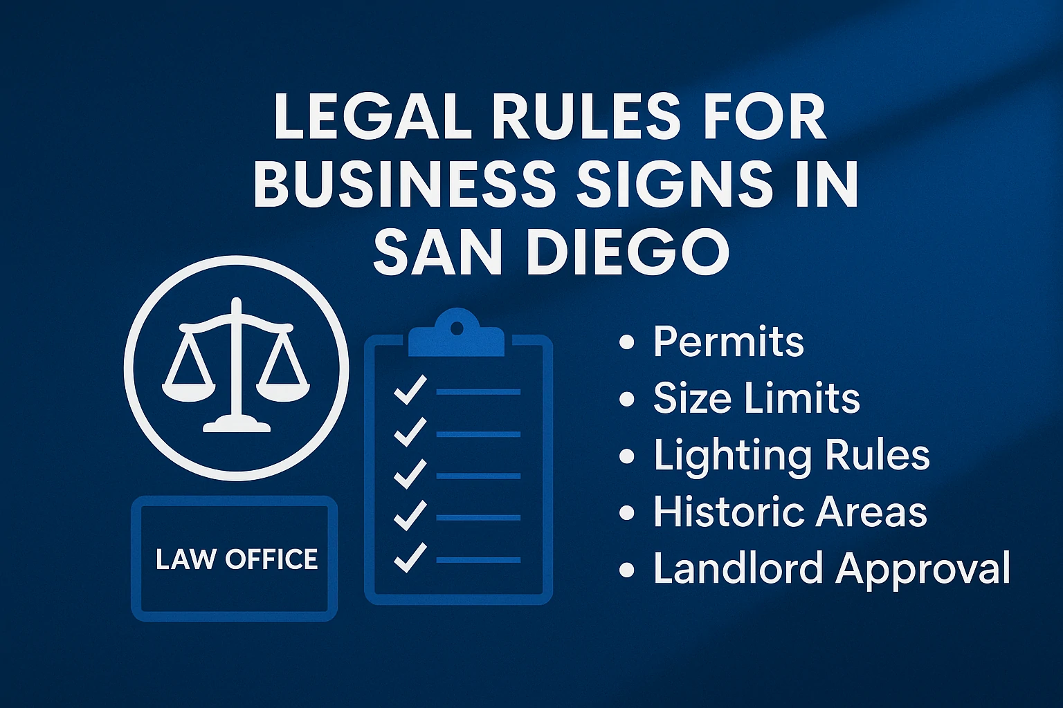 Graphic showing legal rules for law office signs in San Diego with a checklist and scale icon