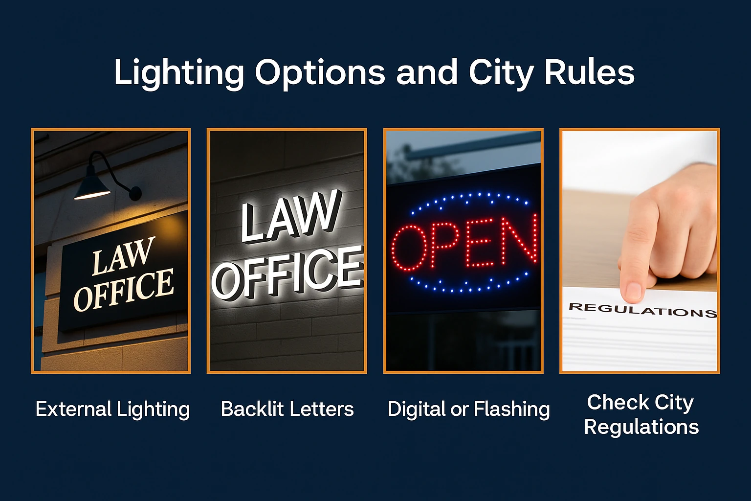 Graphic showing external lighting, backlit letters, digital display, and a reminder to check city regulations for law office signs