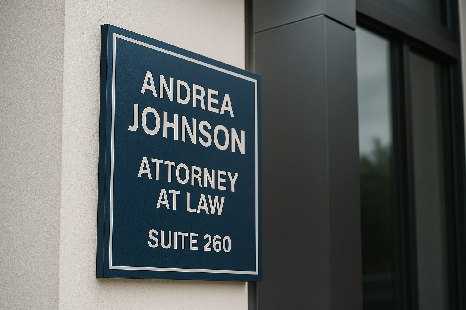 Close-up of Andrea Johnson Attorney at Law sign mounted off-center near a window on a light wall