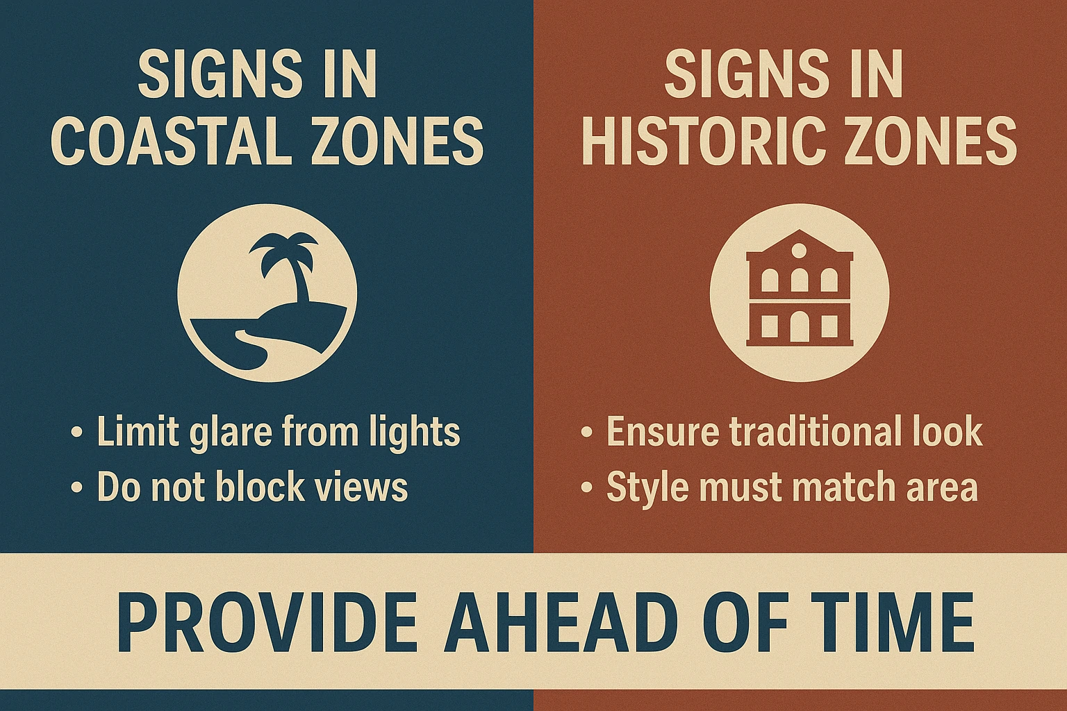 Graphic comparing signage requirements for coastal zones and historic zones including lighting and style rules