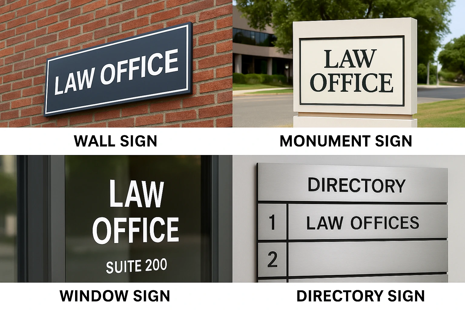 Image showing wall sign, monument sign, window sign, and directory sign labeled for law office use