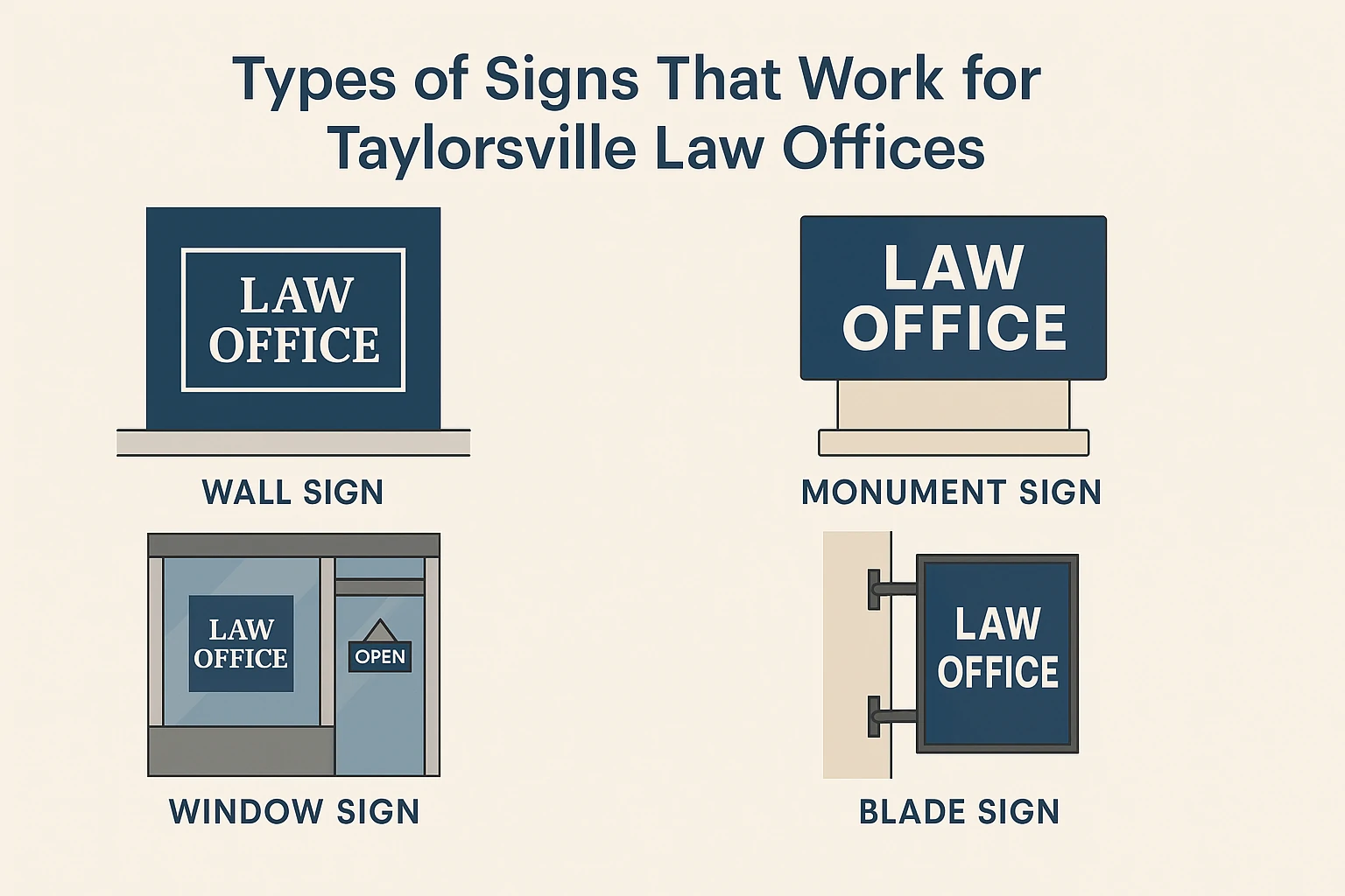 Types of law office signs for Taylorsville including monument signs, window decals, and LED displays.