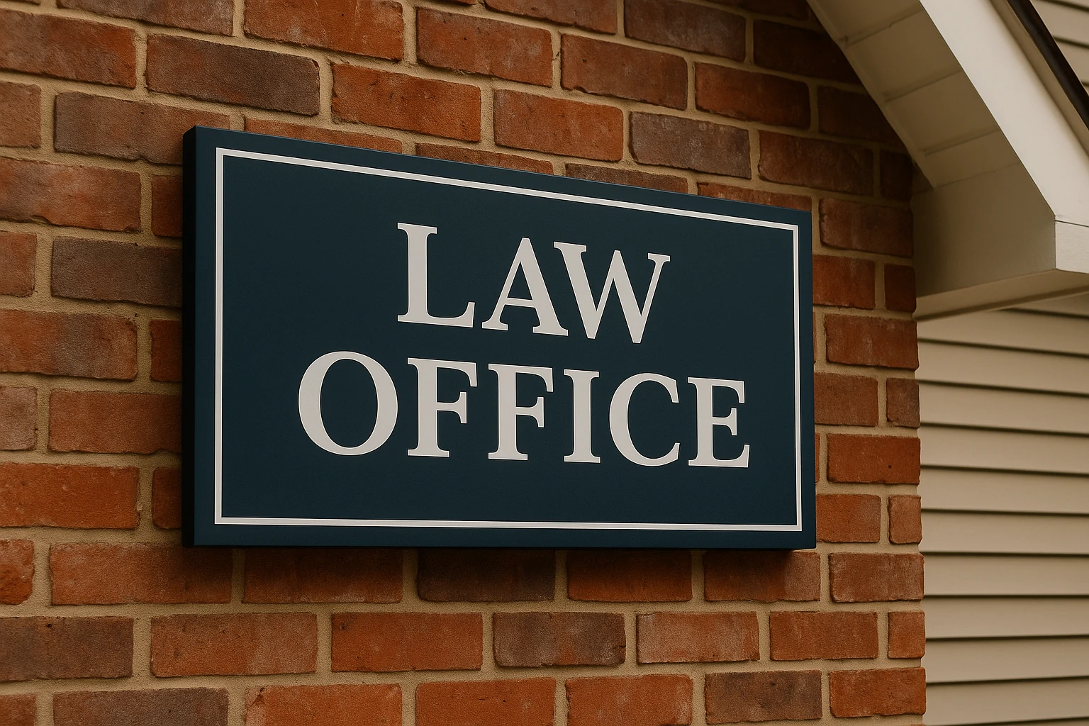Sturdy LAW OFFICE sign in white letters on a matte blue metal panel mounted on red brick in Hixson TN