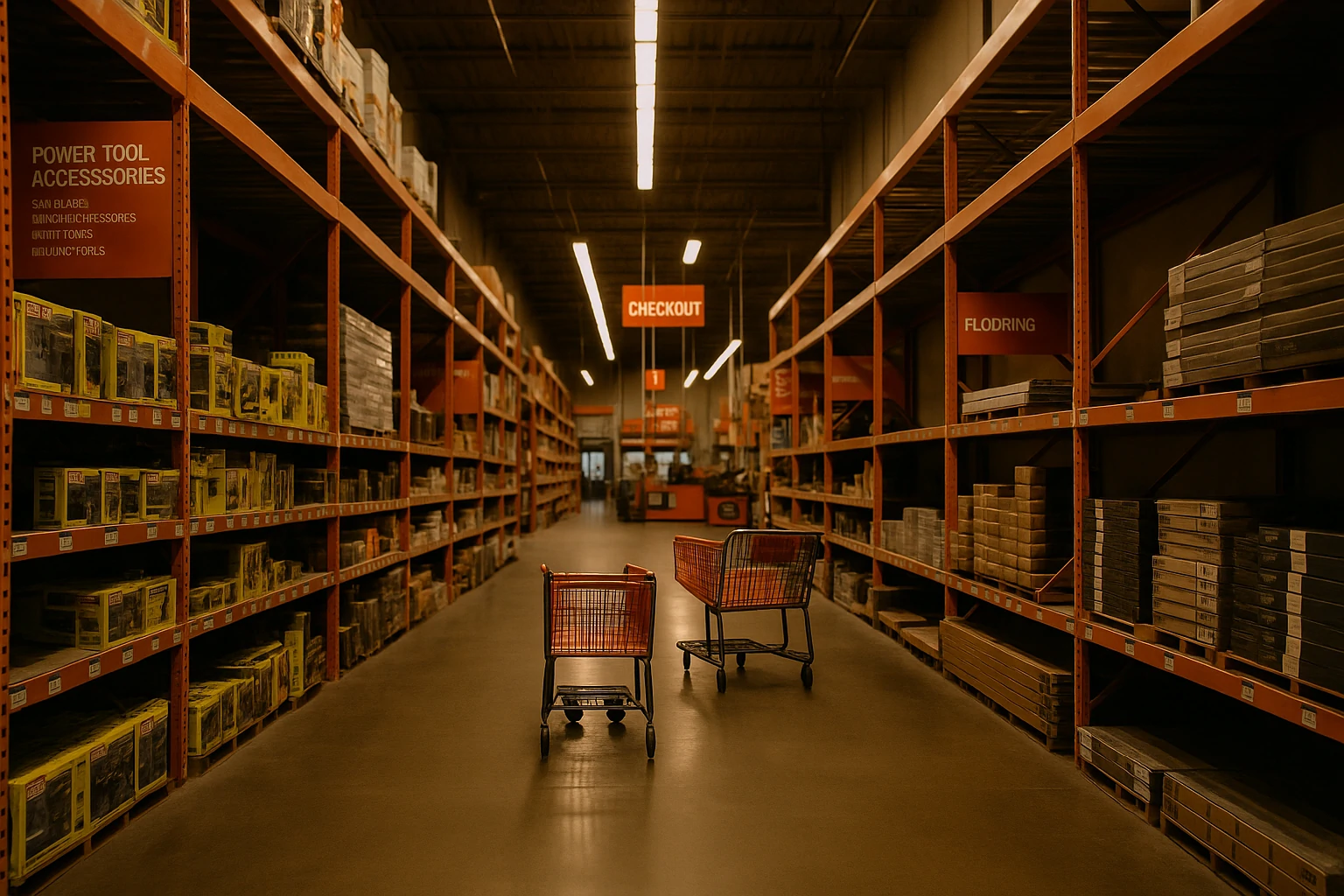 Interior aisles of a Home Depot store with empty shelves and soft lighting