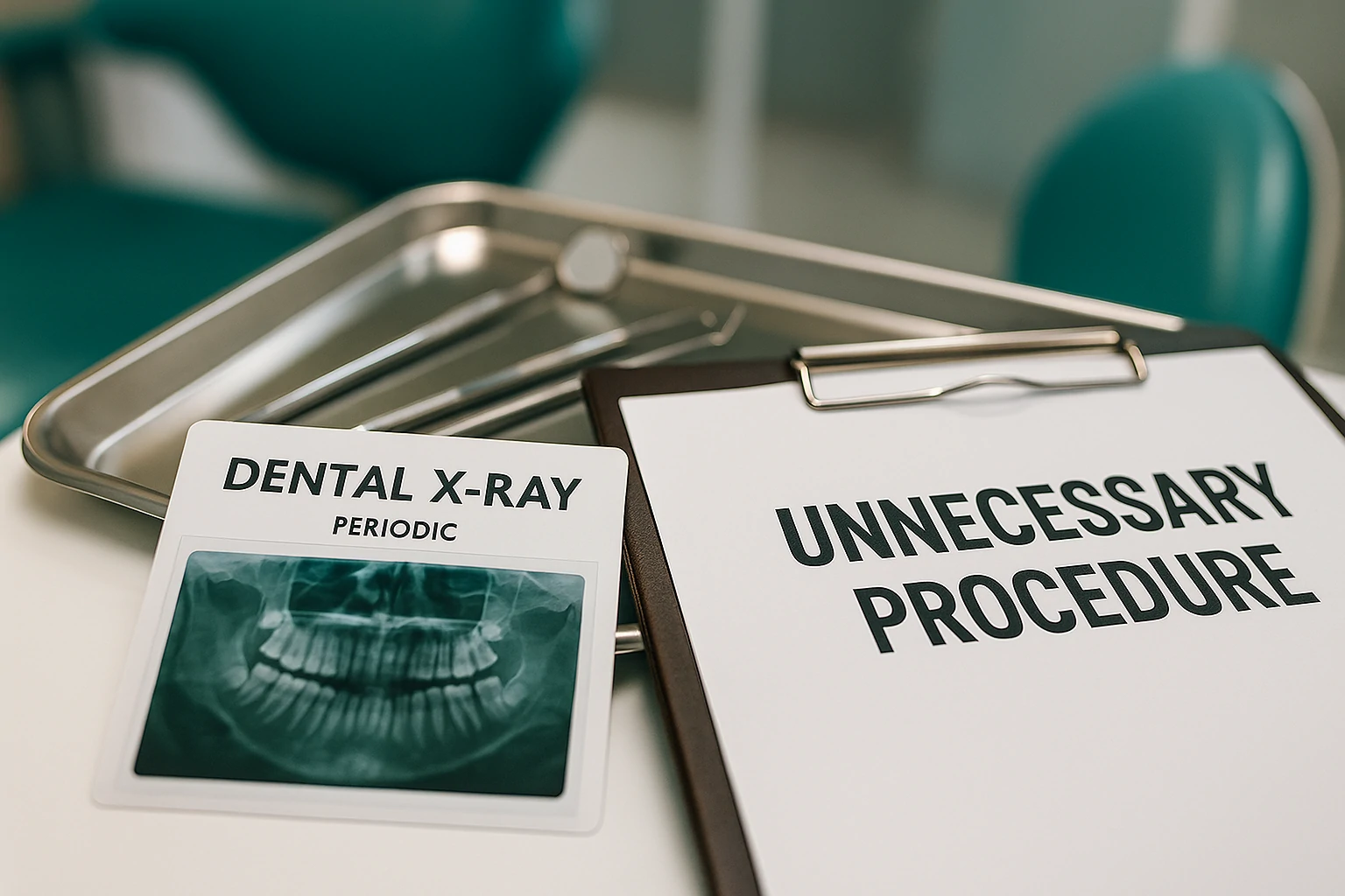 Close-up of dental X-ray and clipboard reading “Unnecessary Procedure” beside dental tools and chair