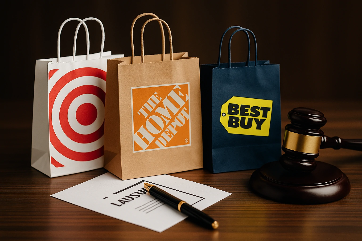 Home Depot, Target, and Best Buy shopping bags beside gavel and lawsuit paper