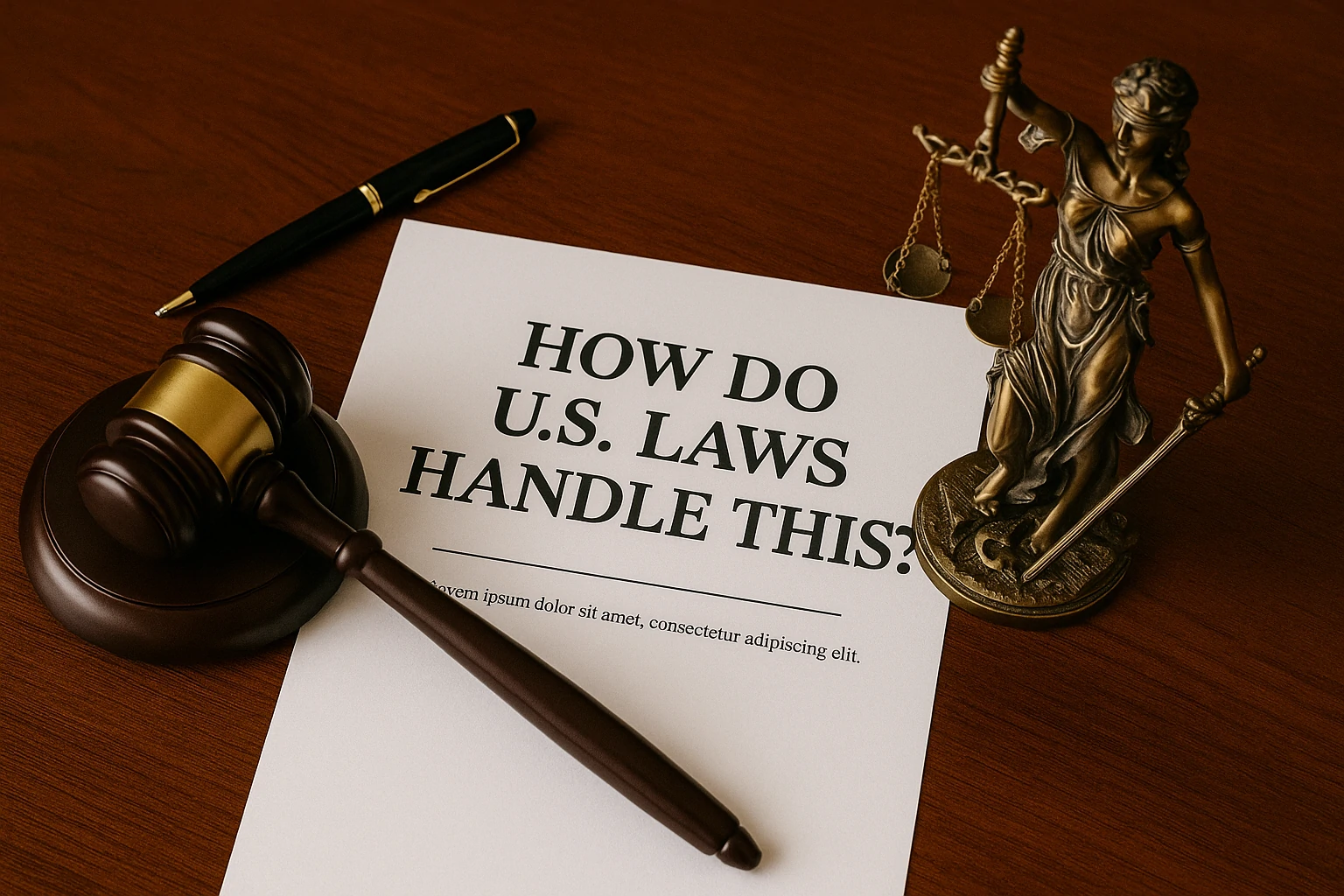 Gavel, Lady Justice statue, and legal paper on U.S. law handling false advertising