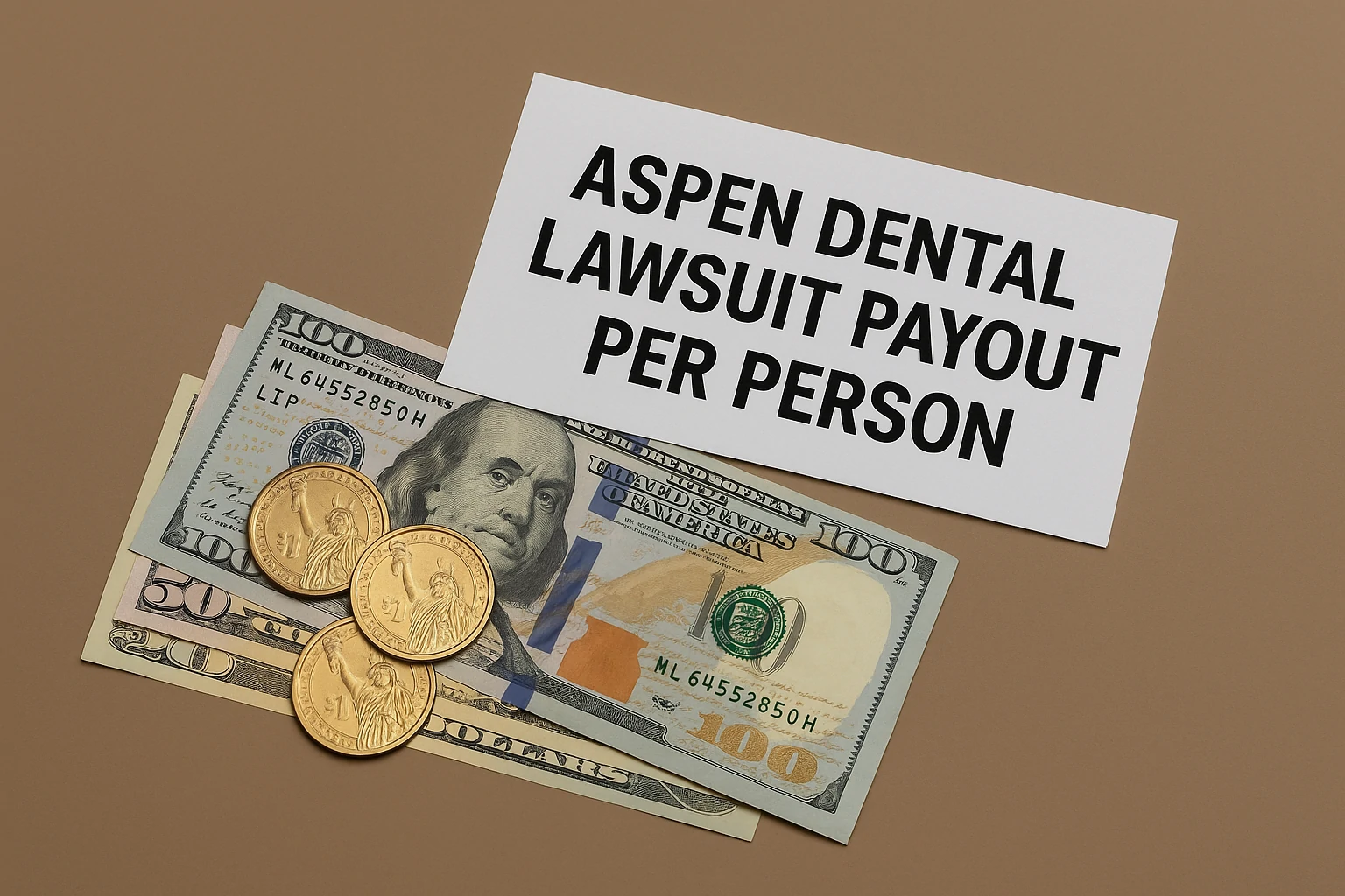 U.S. currency and coins displayed next to a paper labeled “Aspen Dental Lawsuit Payout Per Person”