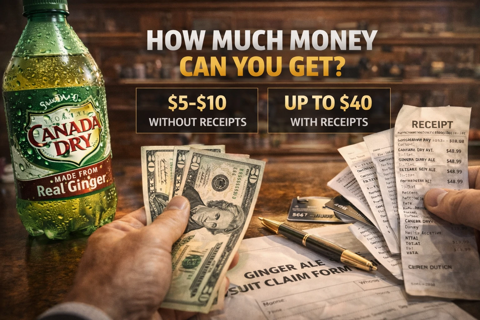 Hands holding Canada Dry ginger ale, cash, receipts, and a lawsuit claim form showing possible refund amounts.