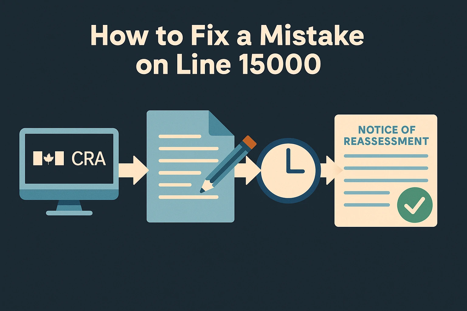 Flat design infographic showing how to fix a tax mistake on Line 15000 with icons for CRA login, edit form, waiting time, and reassessment notice