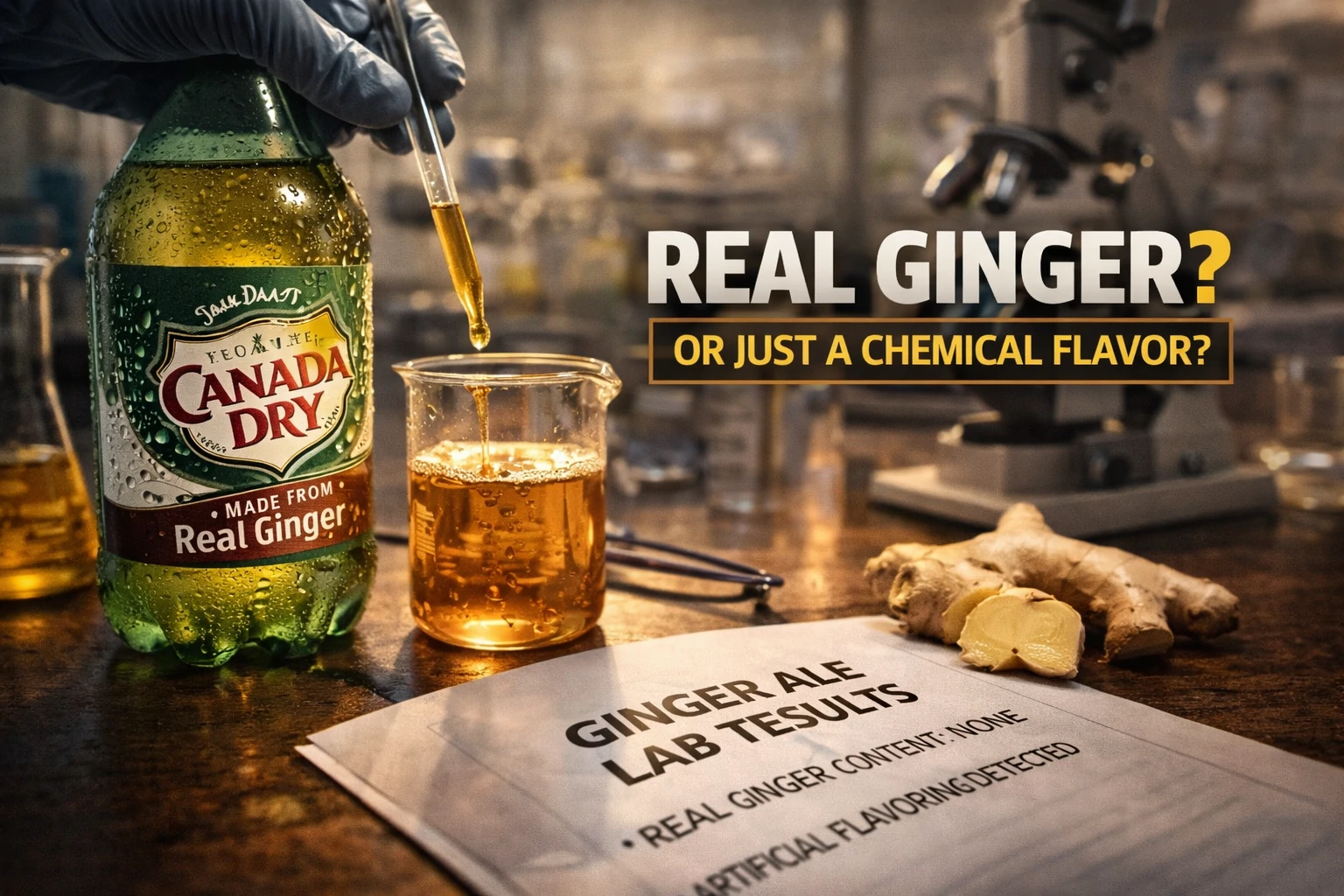 Canada Dry ginger ale bottle next to lab test showing no real ginger, beaker, and microscope in scientific setting.