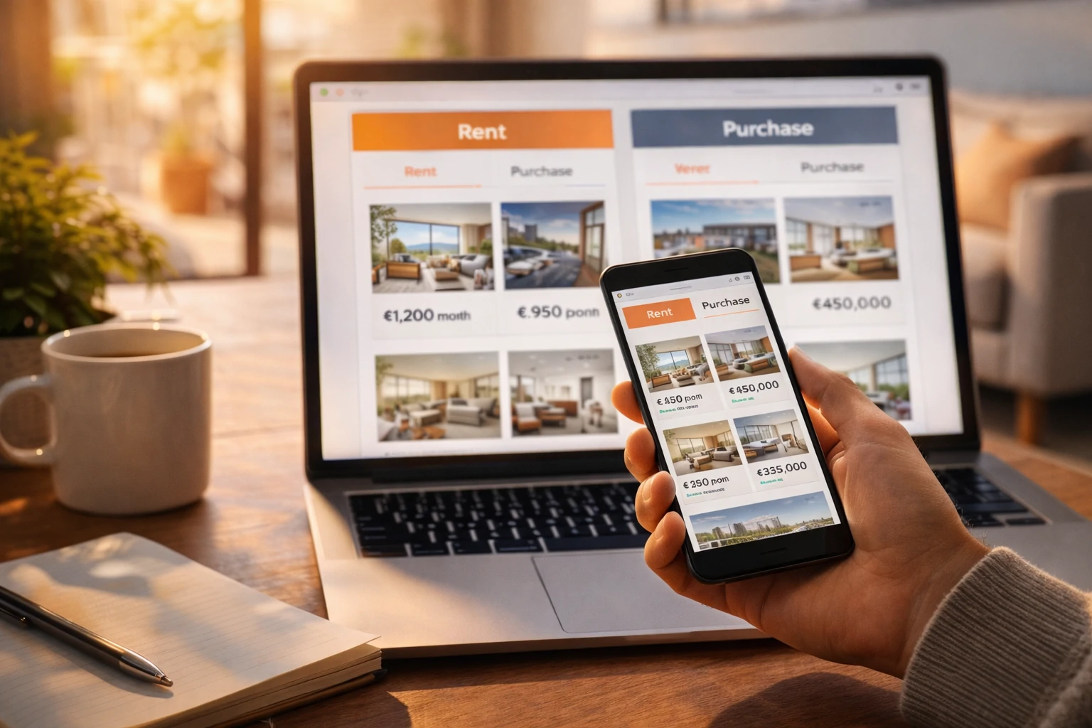 Hand holding smartphone with rent and purchase listings, laptop screen in background showing real estate platform