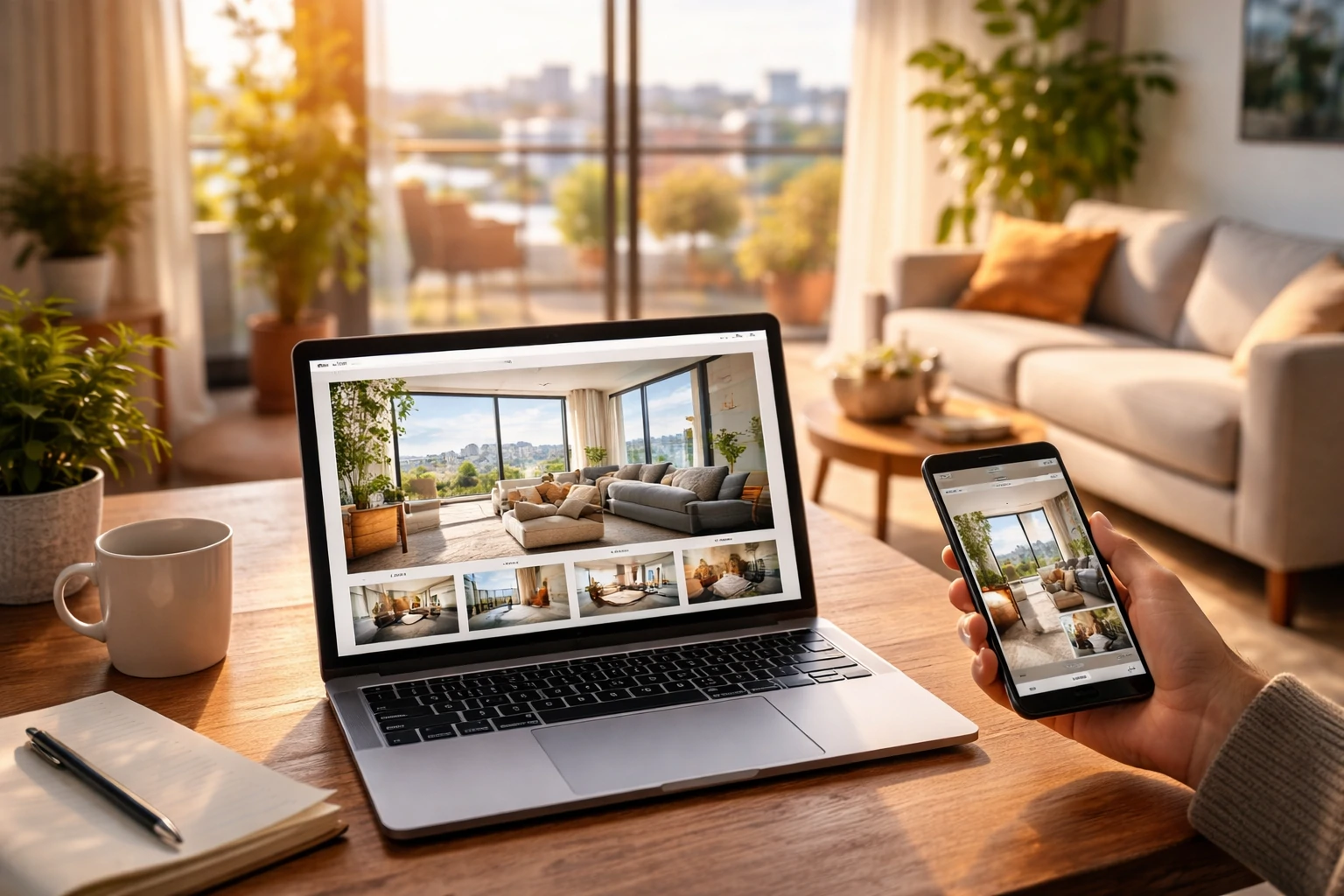 Laptop and phone display real estate photos inside a sunlit modern apartment
