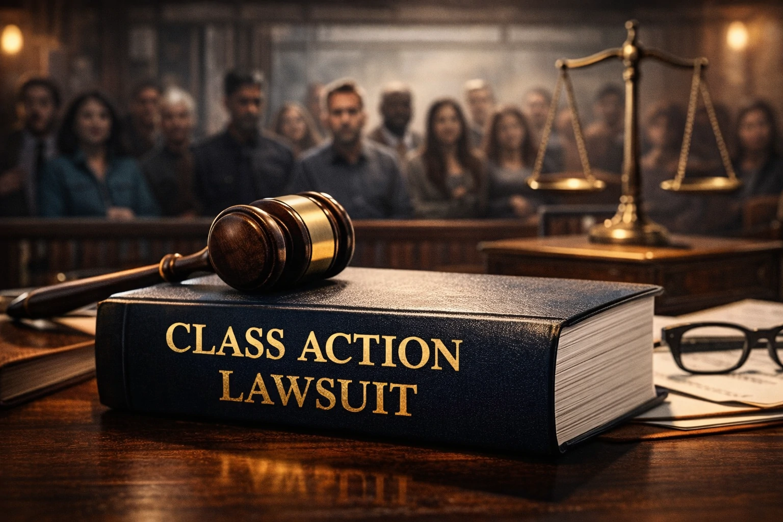 Gavel resting on class action lawsuit book in courtroom with people and legal symbols in background.