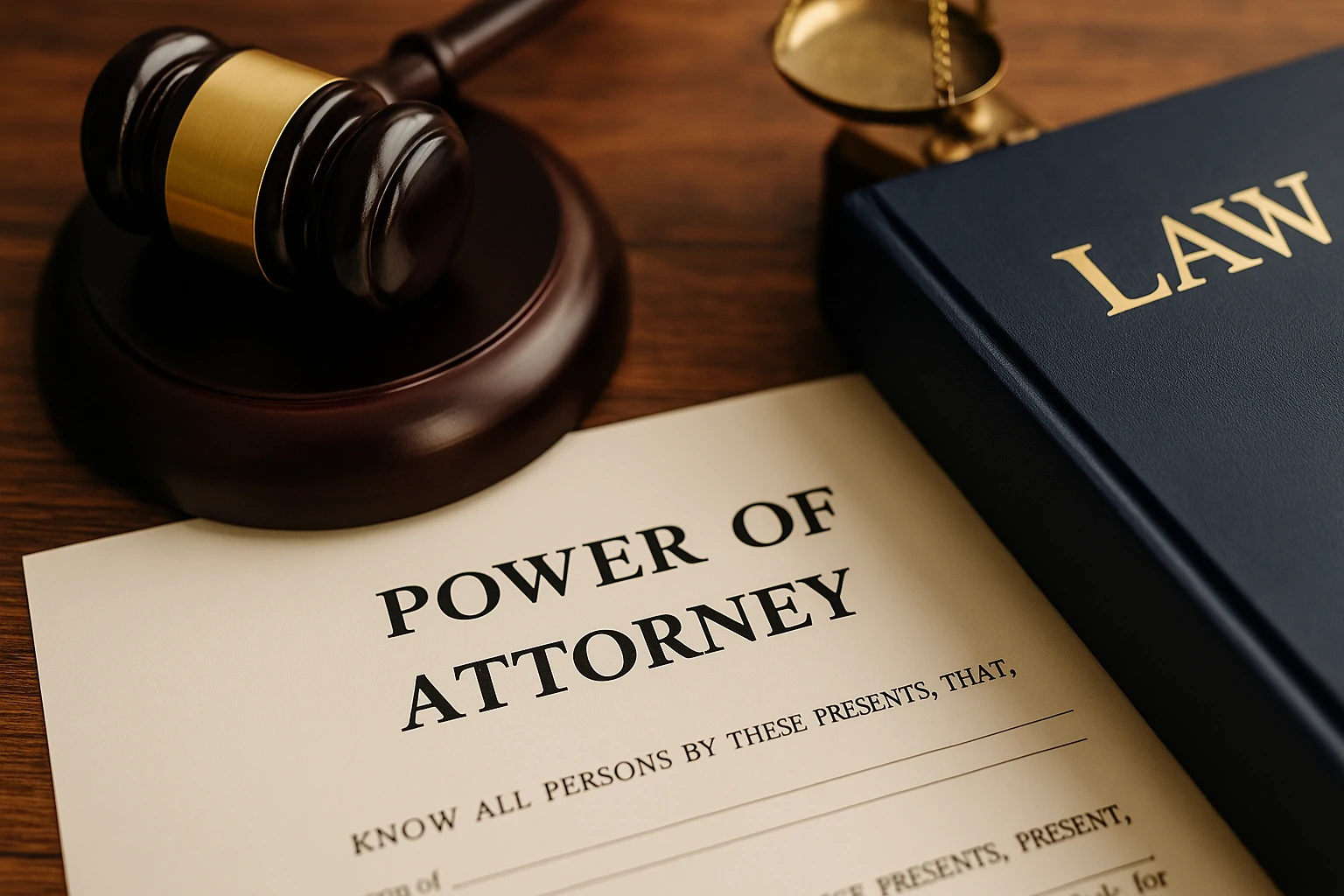 Power of Attorney document, pen, and reading glasses on a legal desk with warm lighting