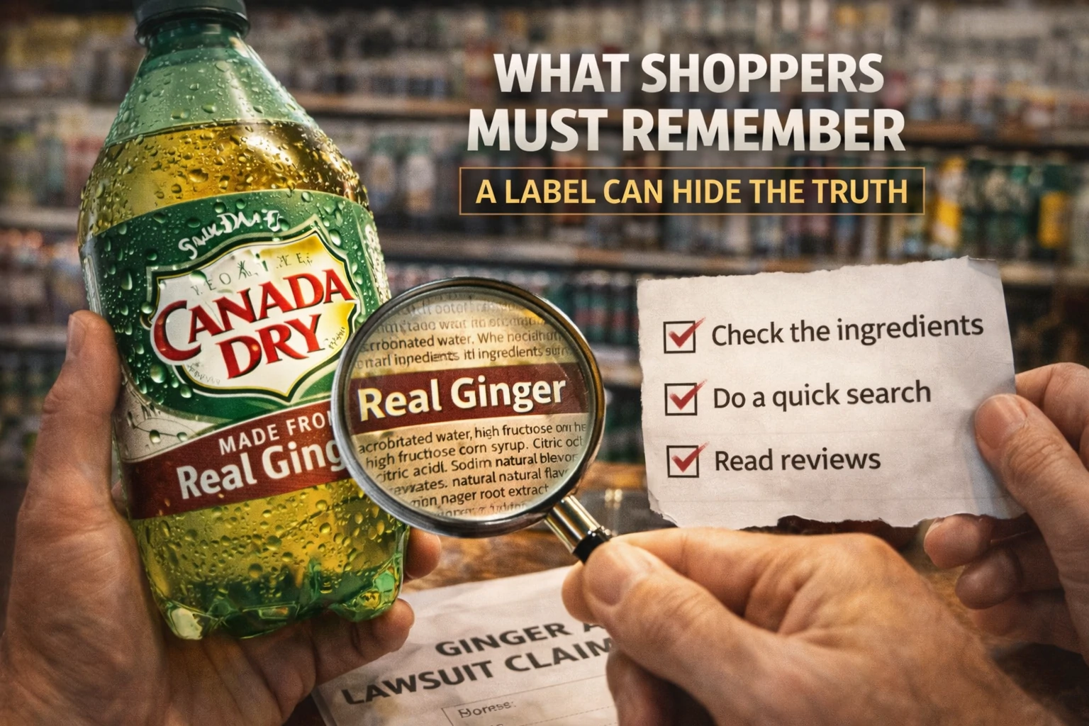 Magnifying glass focuses on Canada Dry bottle label with shopper checklist and ingredient details in a store setting
