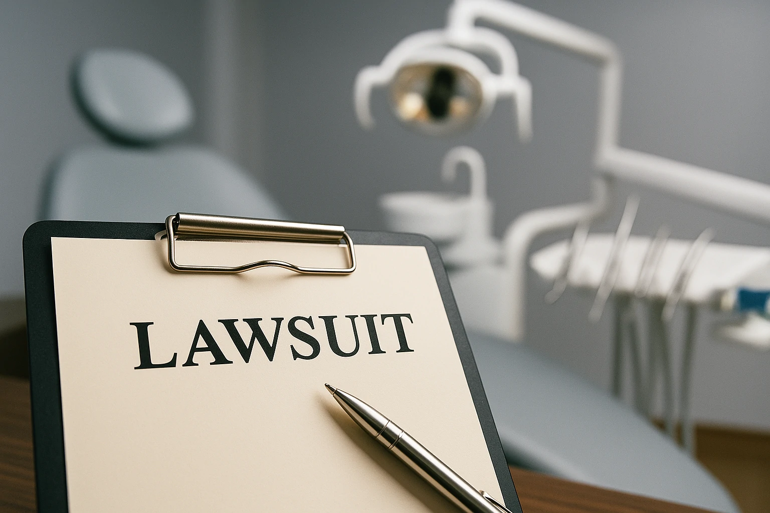 Lawsuit form on a clipboard with dental chair and tools in the background